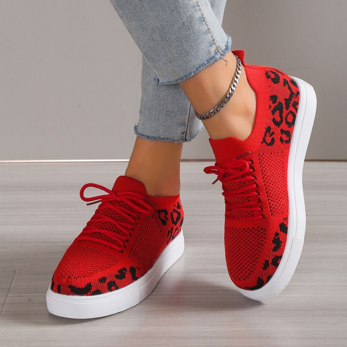 Lace-Up Leopard Flat Sneakers Trandify Deal
