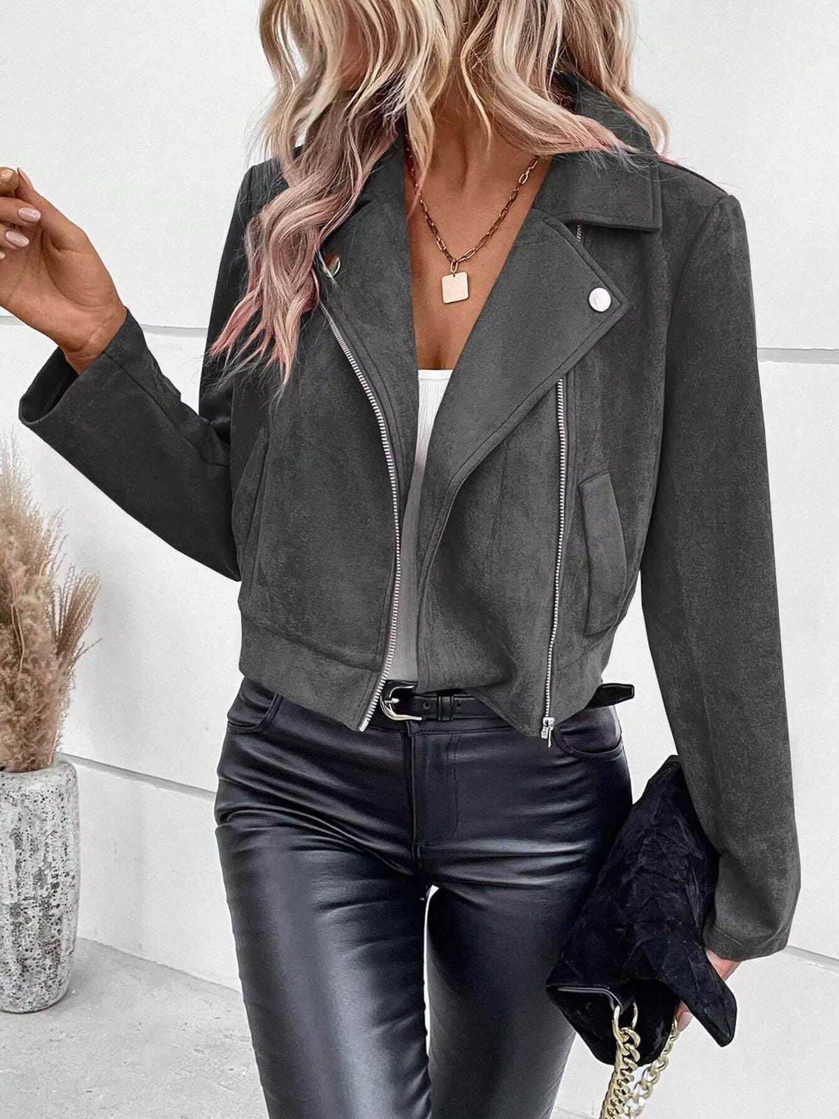 Women's Faux Leather Moto Jacket - Biker Style Zip Detail