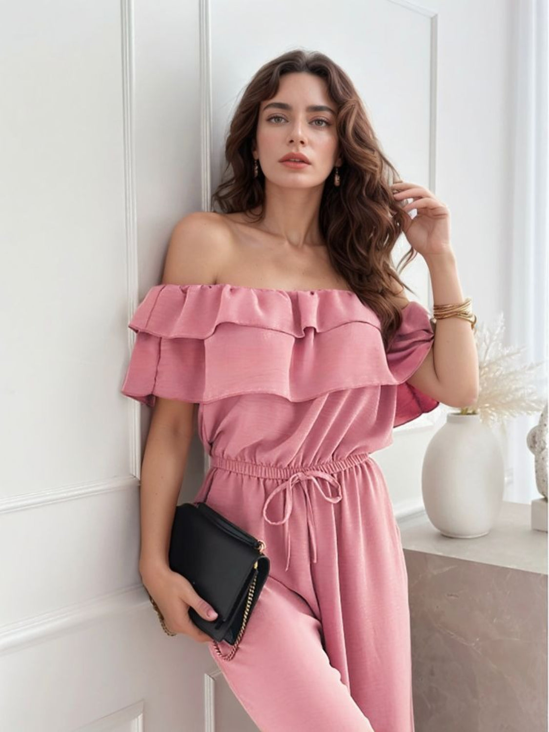 Ruffled-Off Shoulder Wide Leg Jumpsuit - TrandifyDeal