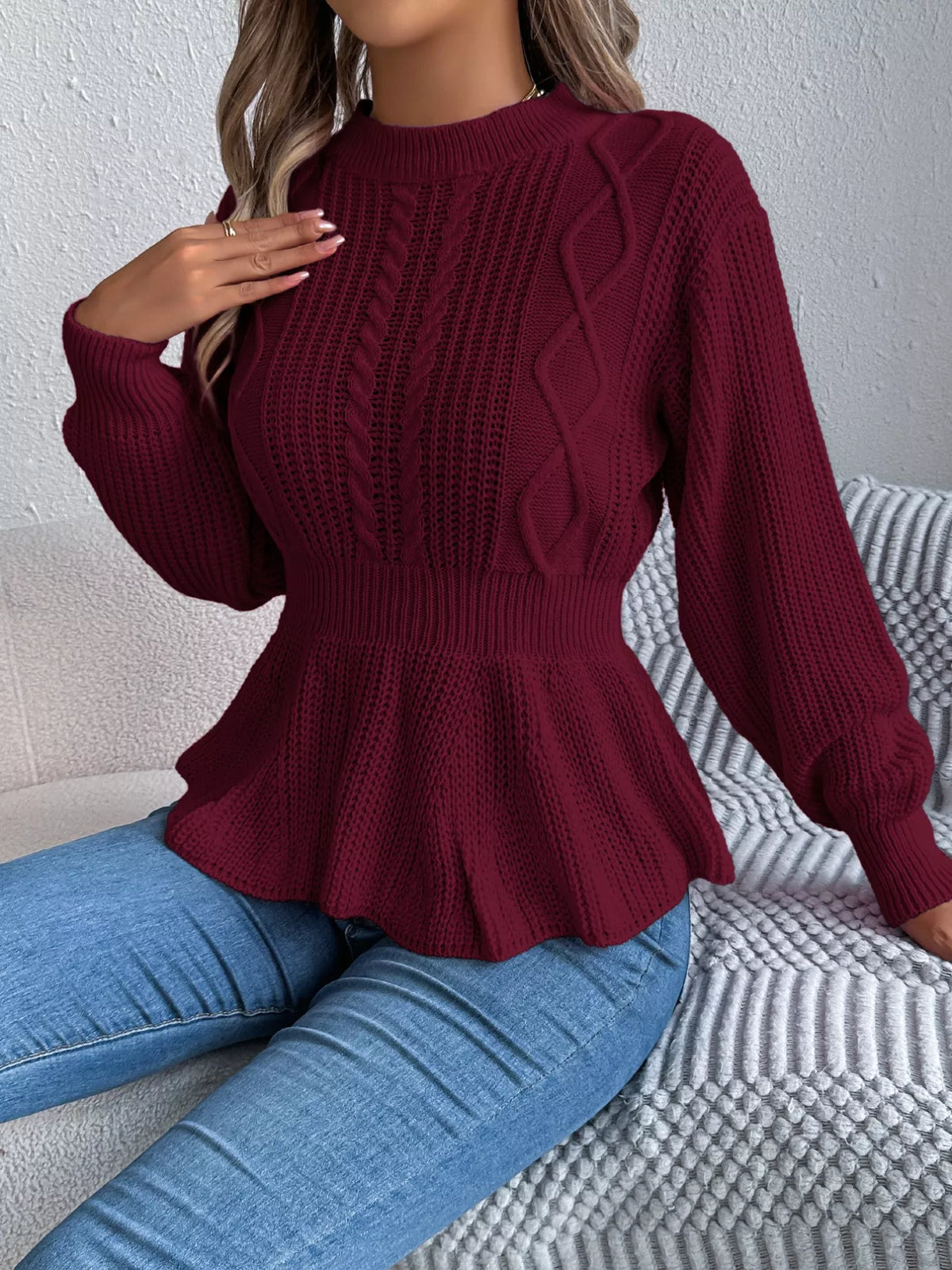 Women's Cable Knit Peplum Sweater | Cozy Acrylic Top