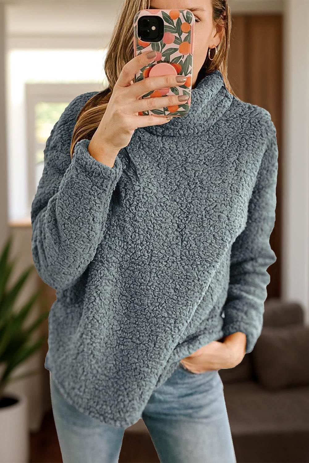 Fuzzy Turtleneck Long Sleeve Sweatshirt Trandify Deal