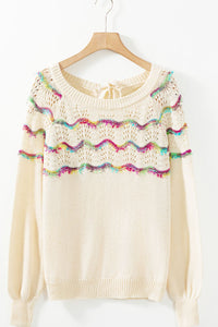 Boho striped openwork knit sweater for women, y2k crochet top
