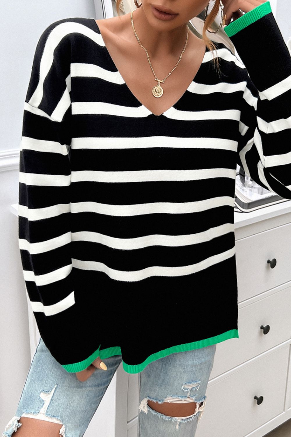 Devine Striped V-Neck Long Sleeve Knit Top Trandify Deal
