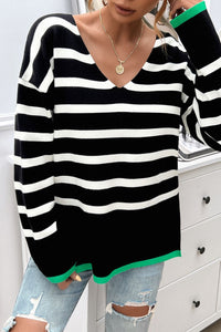 Devine Striped V-Neck Long Sleeve Knit Top Trandify Deal