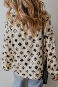 Printed Tie Neck Long Sleeve Blouse Trandify Deal