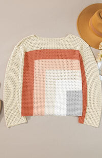 women's color block openwork knit sweater long sleeve casual top