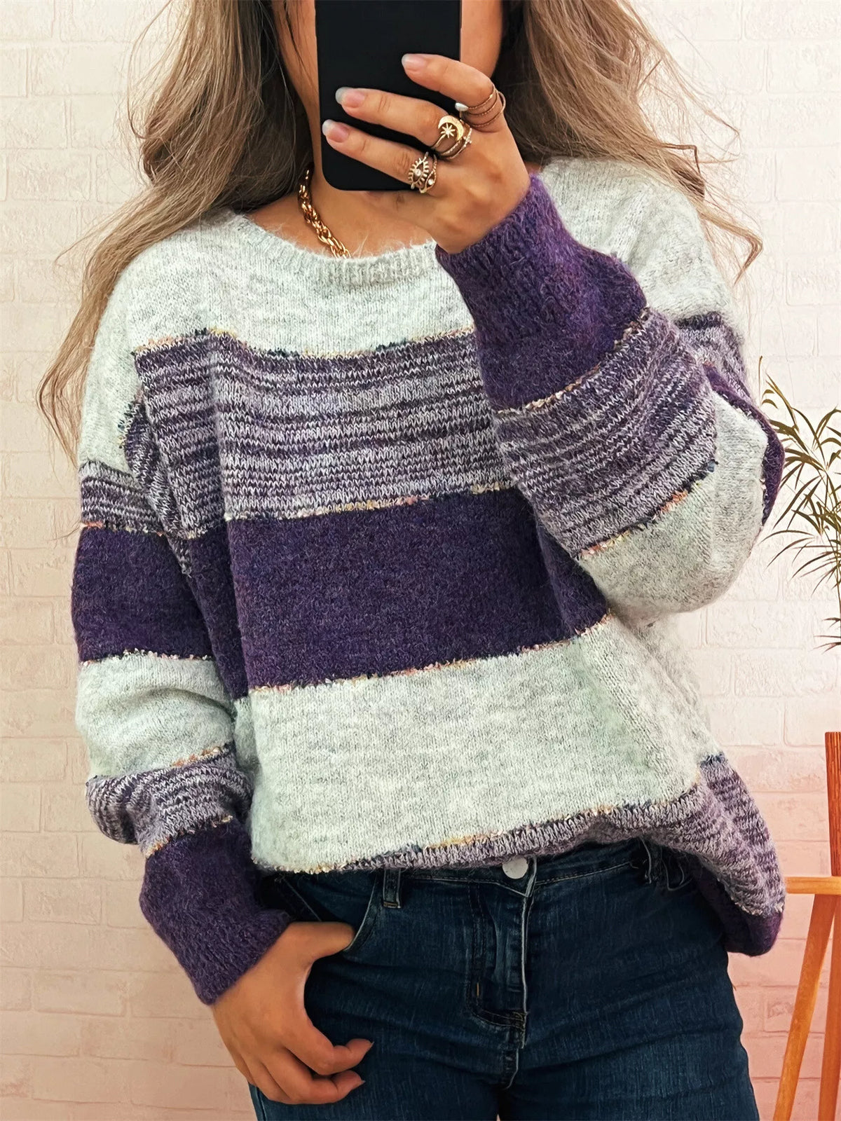 Women's Color Block Sweater | Casual Dropped Shoulder Pullover