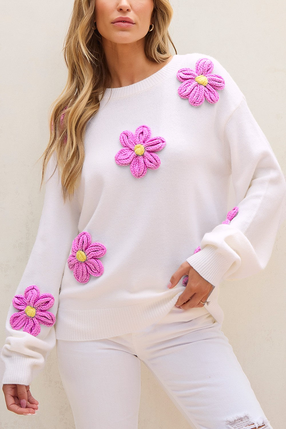 Crochet Flower Round Neck Long Sleeve Sweater Trandify Deal