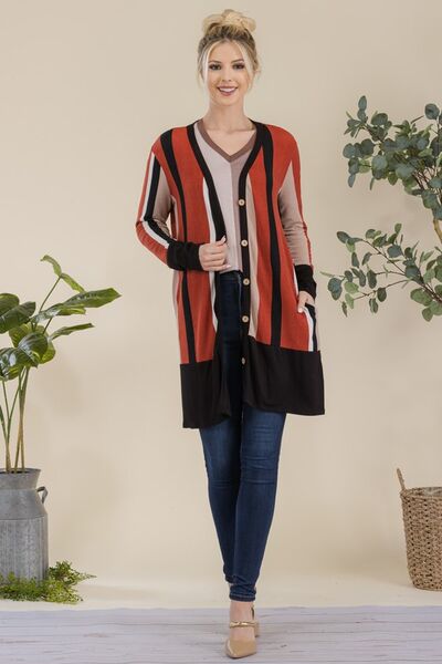Plus Size Striped Button-Up Cardigan for Women – Long Sleeve Open Front Knit Sweater