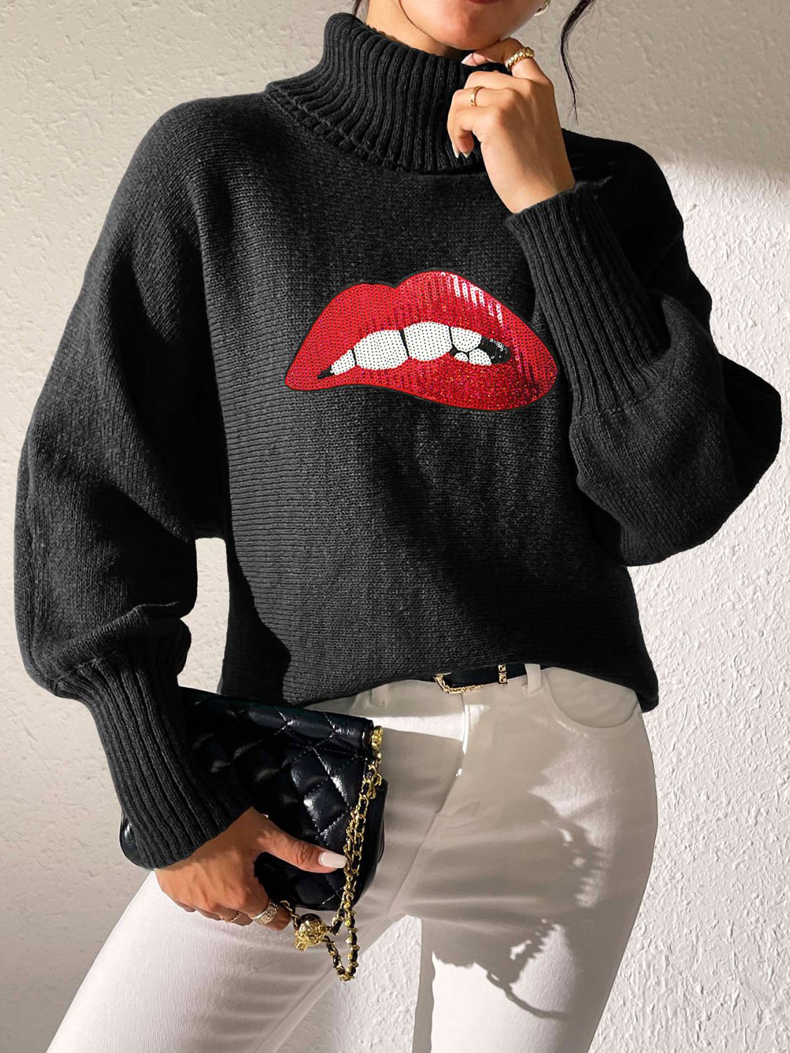 Lip Turtleneck Long Sleeve Sweater Trandify Deal