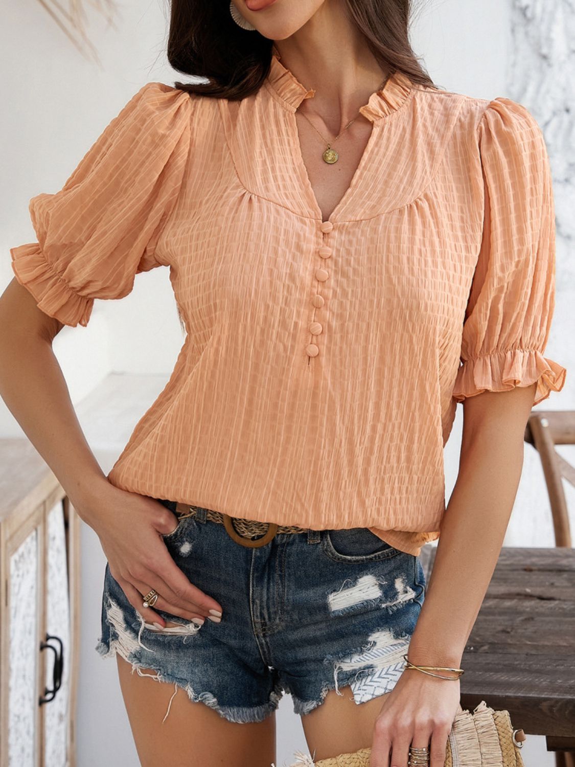 Women’s Devine Frill Notched Short Sleeve Blouse – Ruffled V-Neck Top for Casual & Office Wear