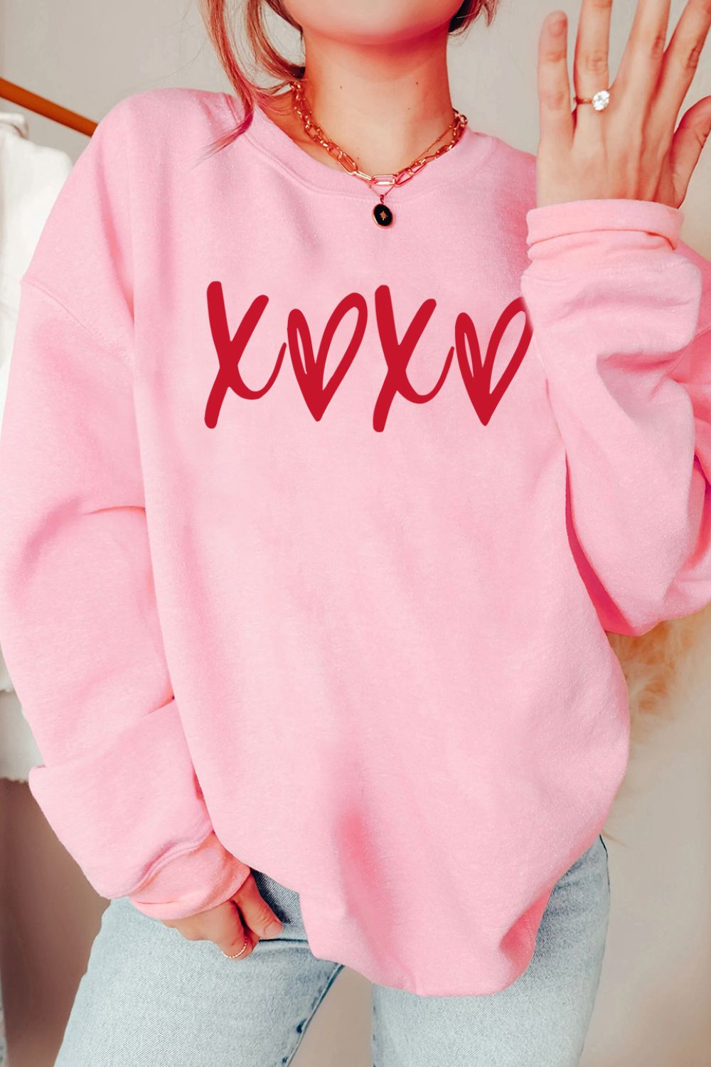 Valentine’s Day XOXO Round Neck Drop Shoulder Sweatshirt Trandify Deal