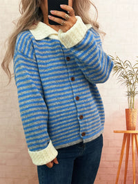 Women's Striped Knit Cardigan - V-Neck Button Down
