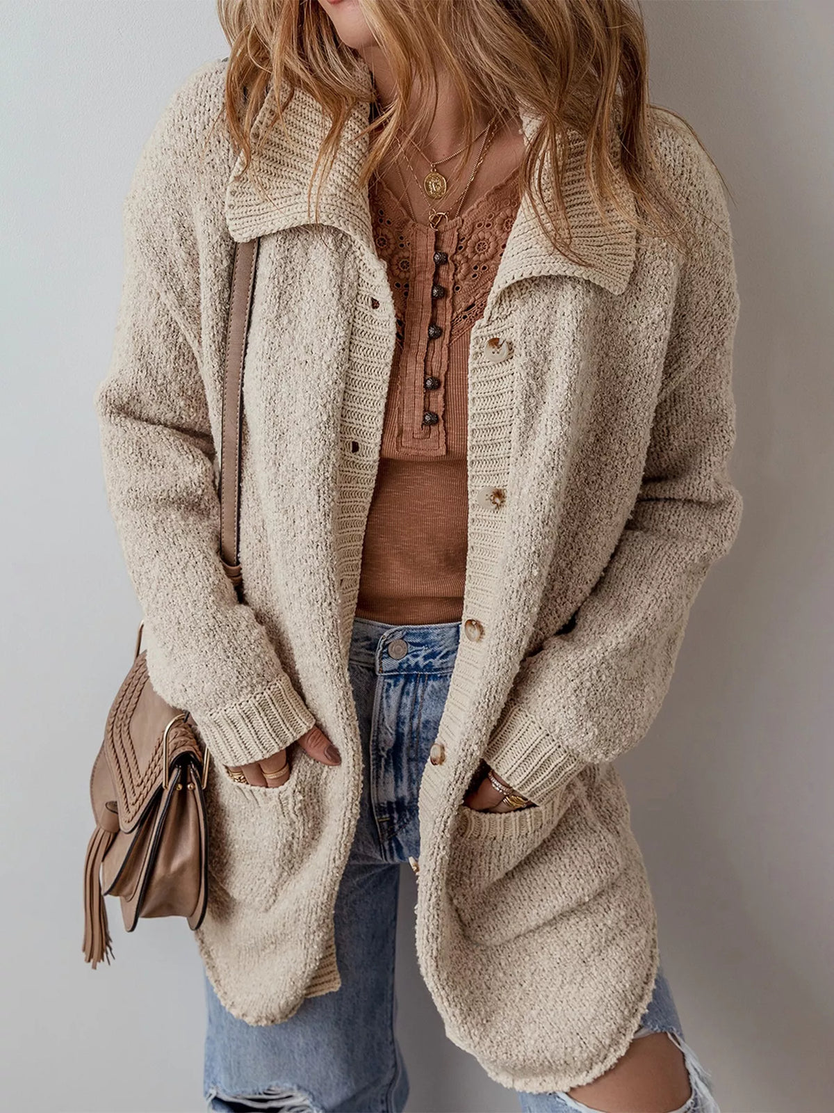 Women's Lightweight Button Up Cardigan with Pockets in beige