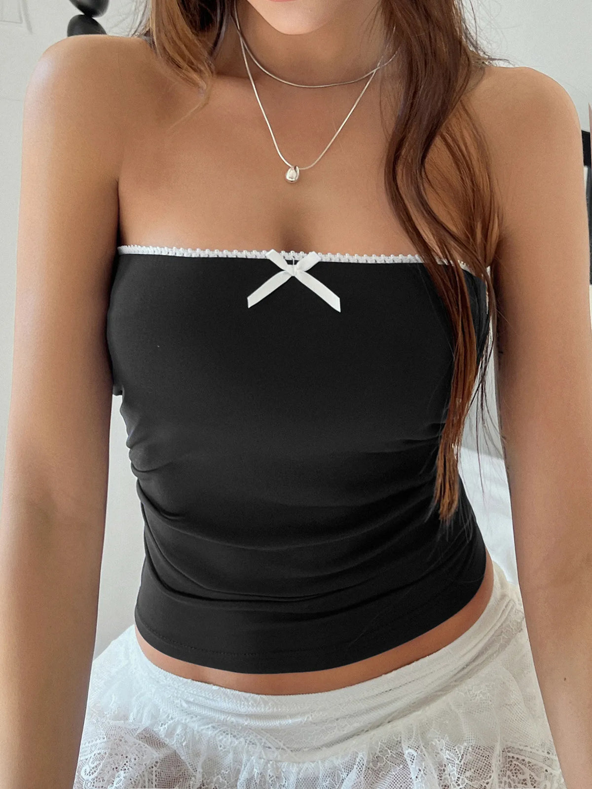 Women’s Bow Detail Tube Top – Sleeveless Stretch Crop Top for Summer Outfits