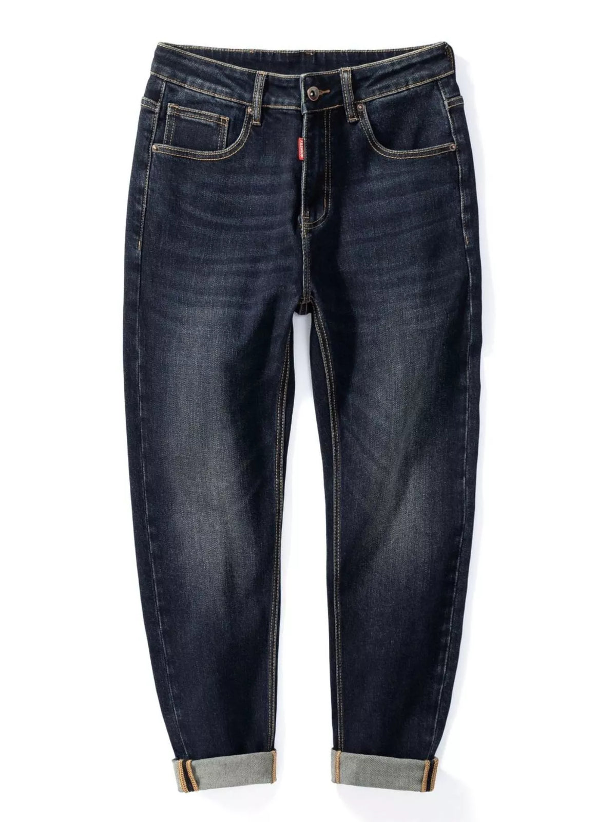 Men's washed blue straight leg jeans, regular fit, stretch denim
