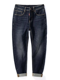 Men's washed blue straight leg jeans, regular fit, stretch denim