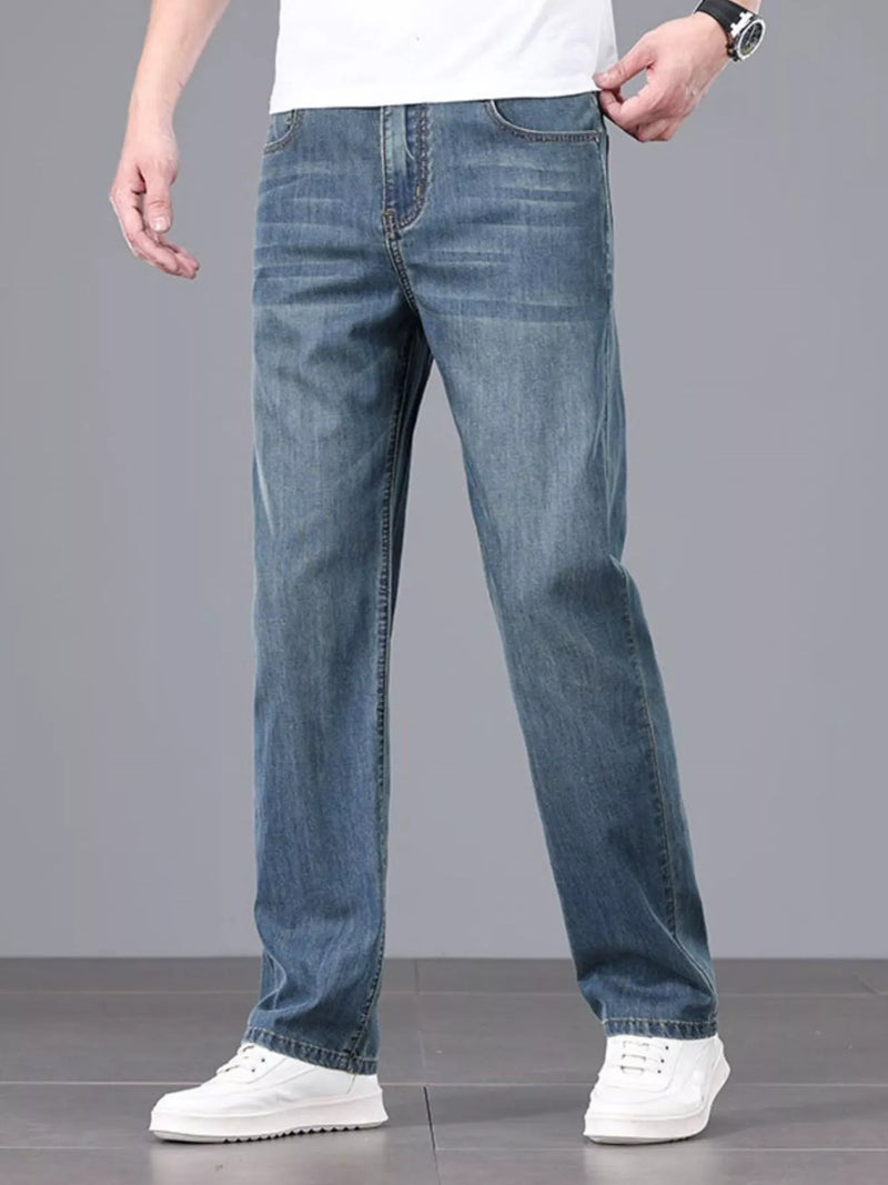 Men's straight fit jeans in a dark wash, front view.