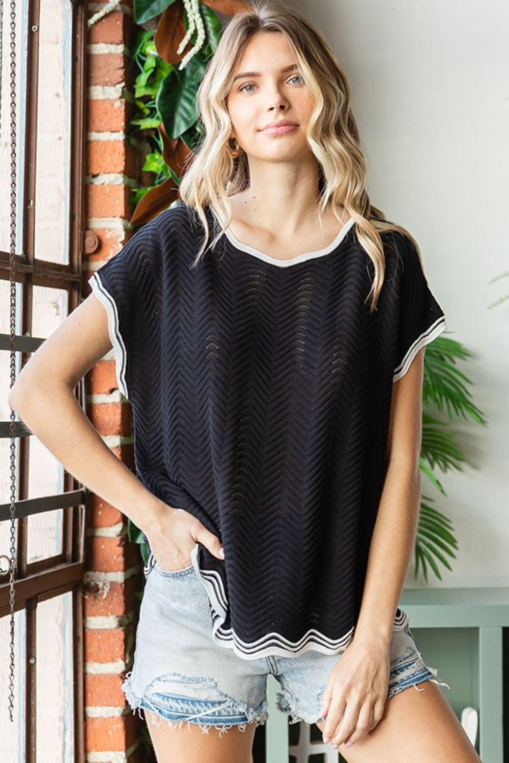 First Love Contrast Wavy Crochet Drop Shoulder Knit Top Trandify Deal