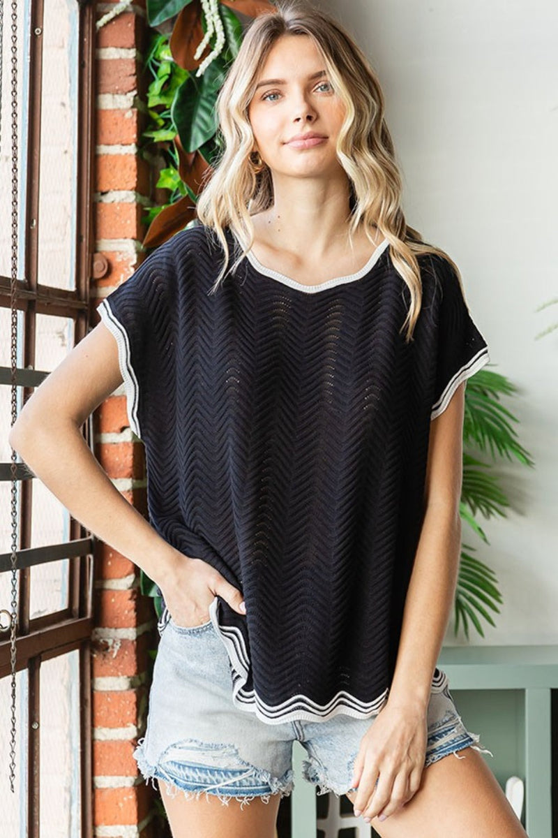 First Love Contrast Wavy Crochet Drop Shoulder Knit Top Trandify Deal