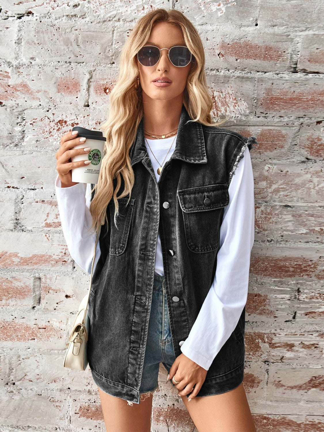 Raw Hem Sleeveless Button Up Denim Jacket Trandify deal