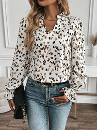 Printed Notched Flounce Sleeve Blouse Trandify Deal