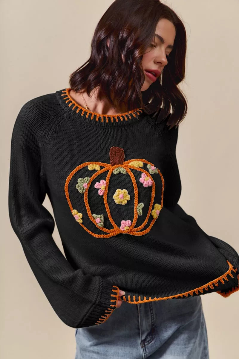 Women's Pumpkin Floral Embroidered Thanksgiving Sweater Cozy Fall Pullover