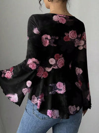 Floral Tie Front Blouse with Flare Sleeves and Bow Detail