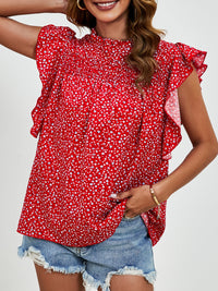 Ruffled Ditsy Floral Mock Neck Cap Sleeve Blouse Trandify deal