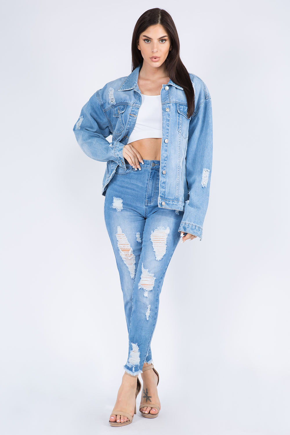 American Bazi Full Size Painted Back Distressed Denim Jacket Trandify Deal