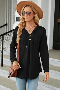 Decorative Button Drawstring Long Sleeve Hoodie Trendsi