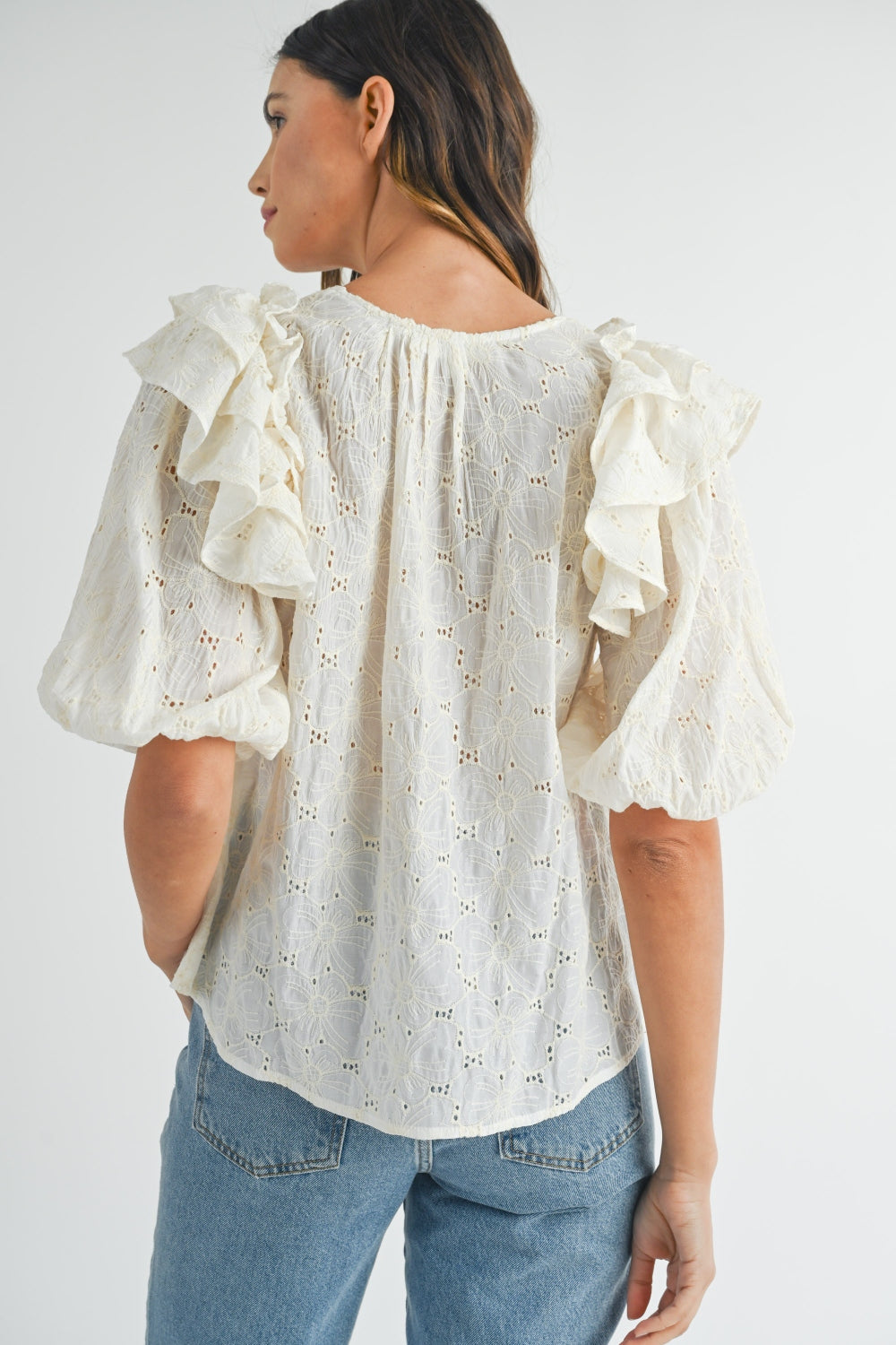 MABLE Eyelet Lace Ruffle Shoulder Puff Sleeve Blouse Trandify deal