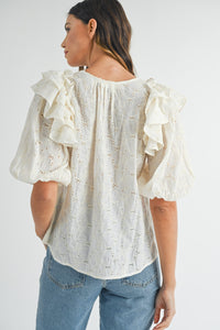 MABLE Eyelet Lace Ruffle Shoulder Puff Sleeve Blouse Trandify deal