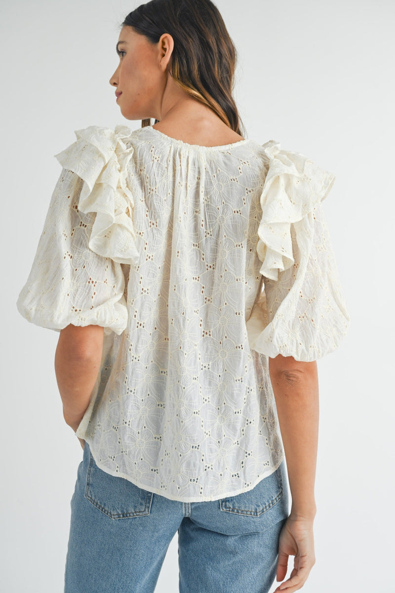 MABLE Eyelet Lace Ruffle Shoulder Puff Sleeve Blouse Trandify deal