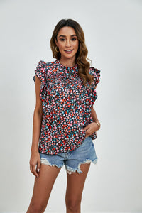 Ruffled Ditsy Floral Mock Neck Cap Sleeve Blouse Trandify deal