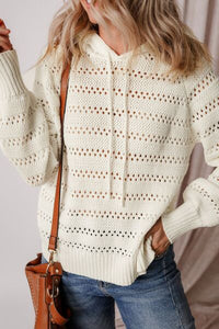 Women's lacy openwork knit hoodie with drawstring hood long sleeve sweater casual boho chic top for fall layering