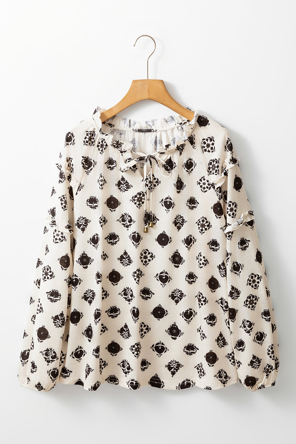 Printed Tie Neck Long Sleeve Blouse Trandify Deal