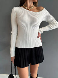 Women's Ribbed Single Shoulder Sweater | Trendy Pullover