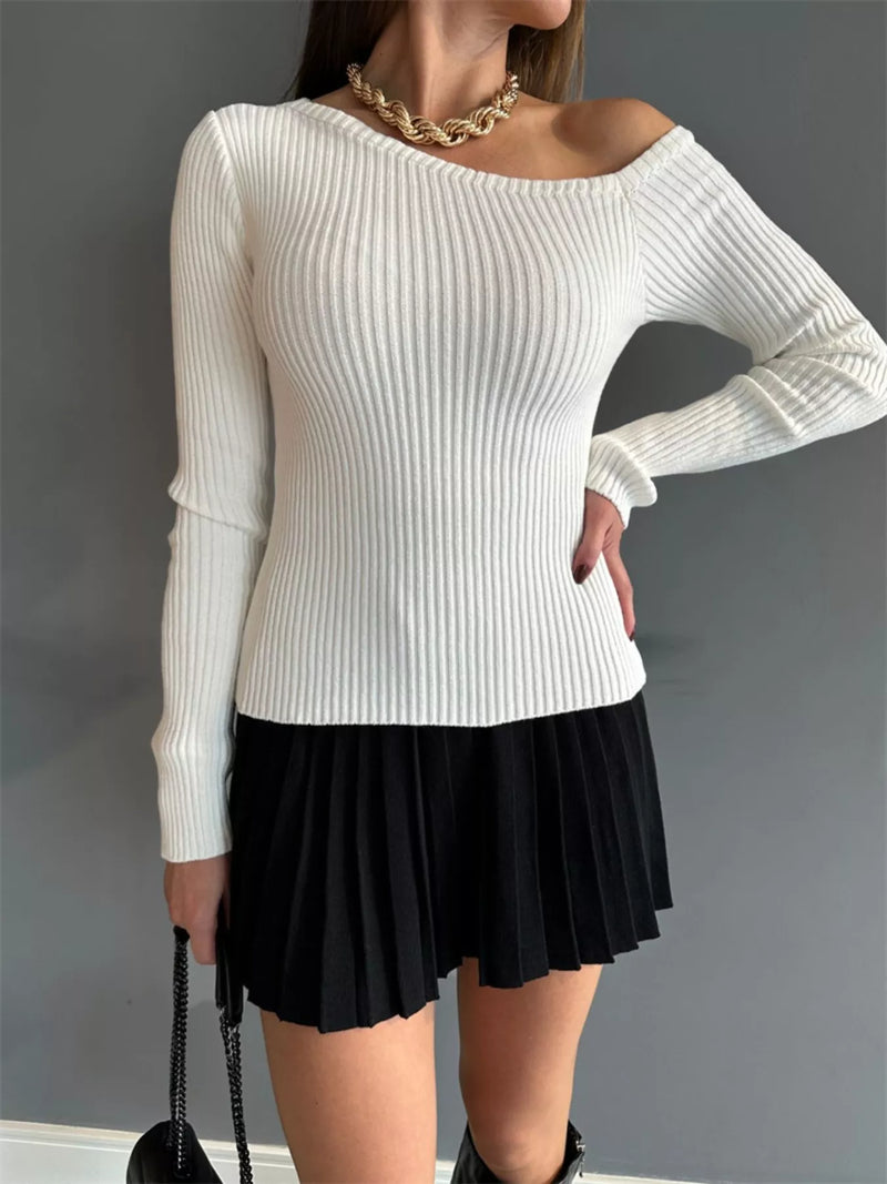 Women's Ribbed Single Shoulder Sweater | Trendy Pullover