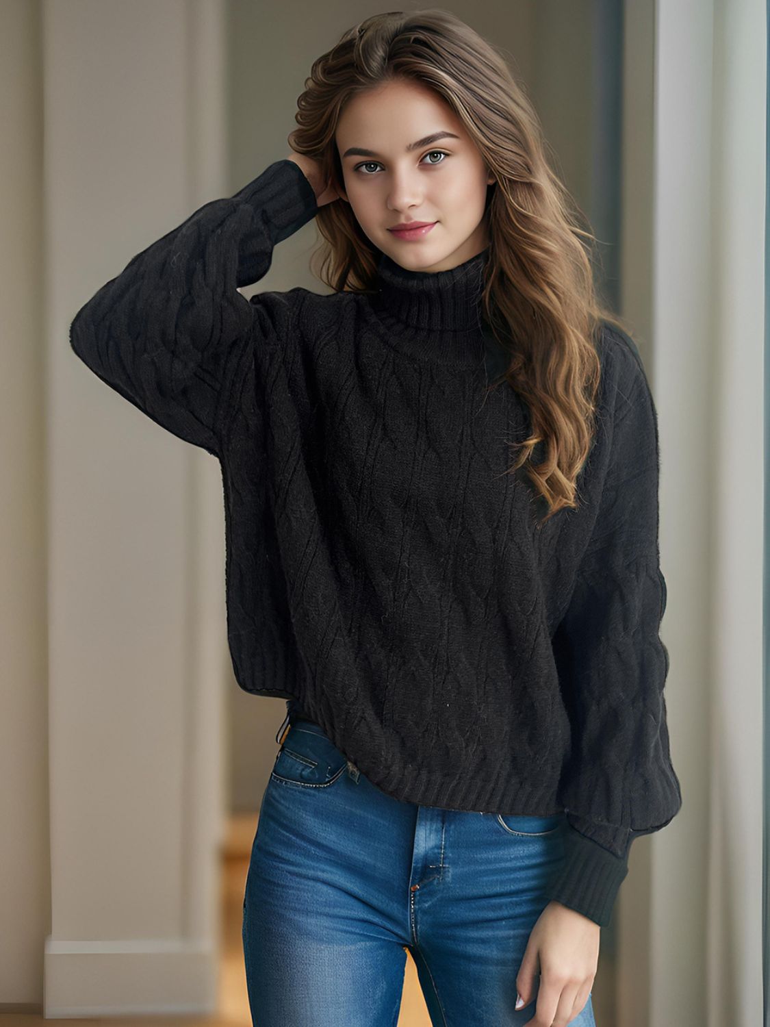 Cable-Knit Turtleneck Long Sleeve Sweater Trandify Deal