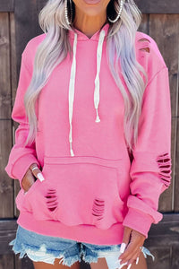 Distressed Drawstring Long Sleeve Hoodie Trandify deal