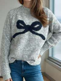 Bow Round Neck Long Sleeve Sweater Trandify Deal