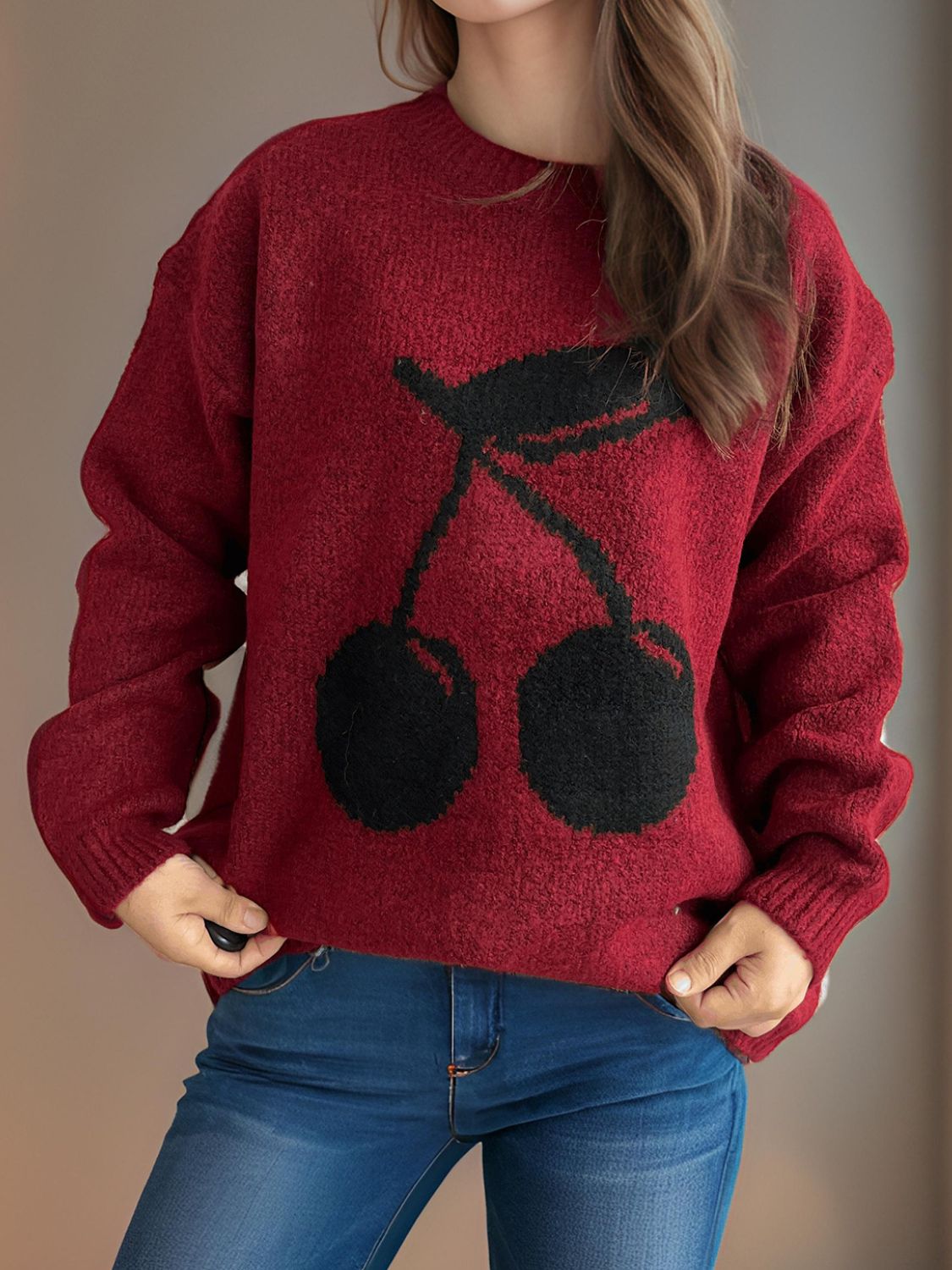 Cherry Round Neck Long Sleeve Sweater Trandify Deal