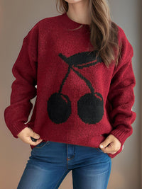 Cherry Round Neck Long Sleeve Sweater Trandify Deal
