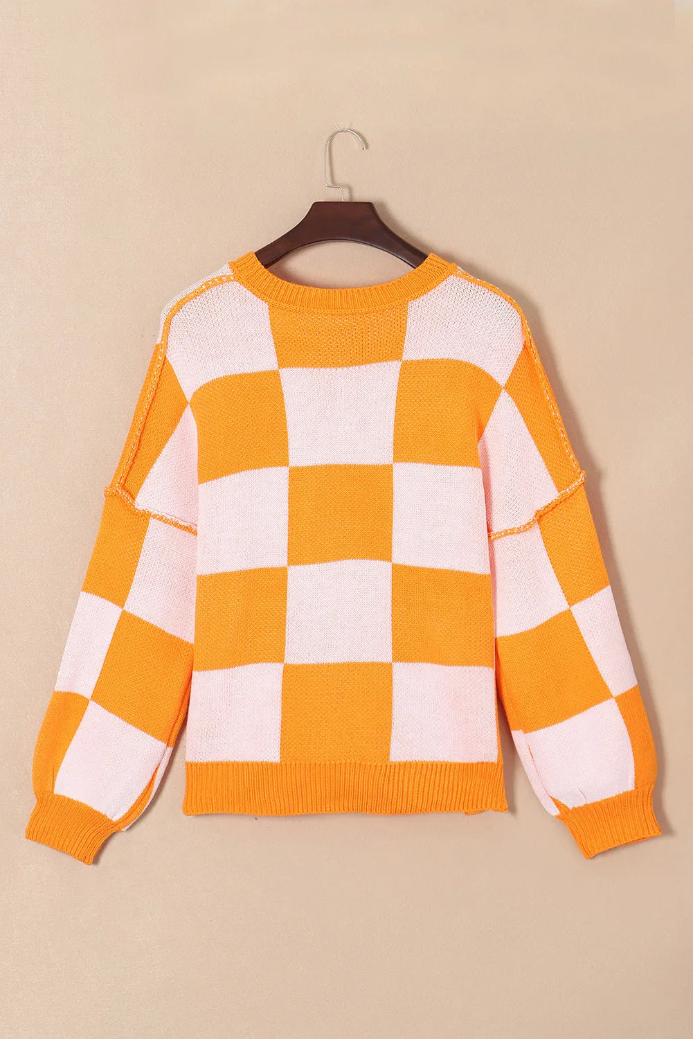Pumpkin Checkered Round Neck Long Sleeve Sweater Trandify Deal
