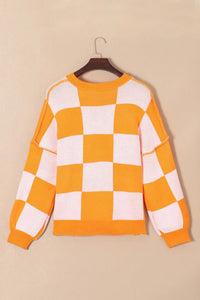 Pumpkin Checkered Round Neck Long Sleeve Sweater Trandify Deal