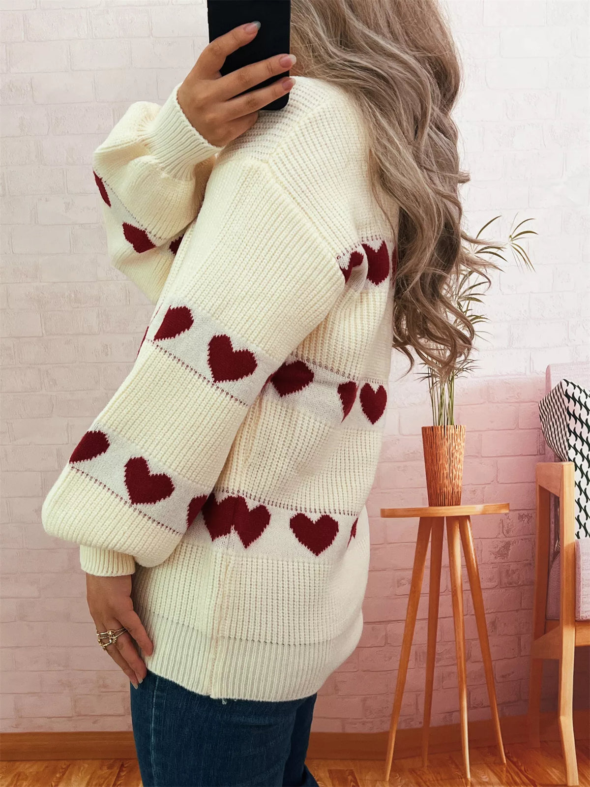 Women's Heart Pattern Sweater - Cute Dropped Shoulder Pullover