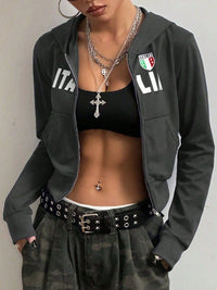 Letter Graphic Zip Up Long Sleeve Hoodie Trandify deal