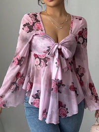 Floral Tie Front Blouse with Flare Sleeves and Bow Detail