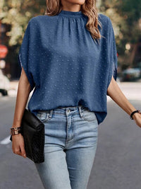 Swiss Dot Mock Neck Half Sleeve Blouse Trandify deal